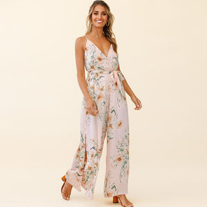 Floral Print Wide Leg Split Fork V Neck Sleeveless Sling Rompers Women Casual Streetwear Beach Party Holiday Jumpsuits