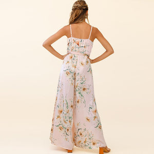 Floral Print Wide Leg Split Fork V Neck Sleeveless Sling Rompers Women Casual Streetwear Beach Party Holiday Jumpsuits