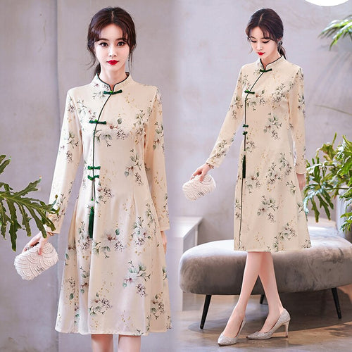 Floral Print Young Improved Cheongsam Ladies Autumn Long Sleeve Stand Collar Vintage Temperament Knee Length Dress Women Vestido