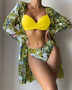 Floral Twist Low Waist Bikini Set Cover Up Swimsuit For Women Push Up Long Sleeve Three Pieces Swimwear 2023 Beach Bathing Suits