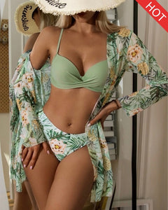 Floral Twist Low Waist Bikini Set Cover Up Swimsuit For Women Push Up Long Sleeve Three Pieces Swimwear 2023 Beach Bathing Suits