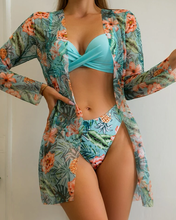 Load image into Gallery viewer, Floral Twist Low Waist Bikini Set Cover Up Swimsuit For Women Push Up Long Sleeve Three Pieces Swimwear 2023 Beach Bathing Suits