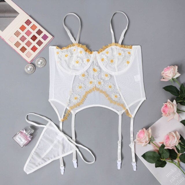 Floral Two Piece Underwear Push Up Bra and Panties Set Women Transparent Embroidered Flower Lingerie Femme Sex Porno Intimates