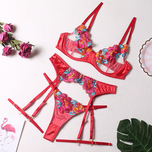 Floral Valentine Lingerie 4-Piece Underwear Seamless Bralette Underwire Push Up Underwear Embroidery Sensual Bilizna Exotic Sets