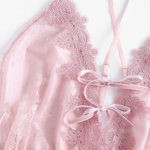 Flower Embroidery Deep V Suspender Sleepwear Women Sexy Lingerie Lace High Split Nightdress Homewear Lingerie Nightgowns