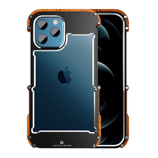 For iPhone 14 13 12 11 Pro Max 12 Mini SE 2020 X 10 6 6s 7 8 Plus XR XS Case Aluminum Bumper Metal & Wood Shockproof Phone Case