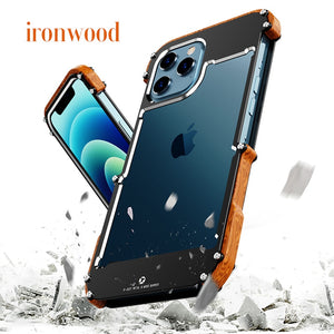 For iPhone 14 13 12 11 Pro Max 12 Mini SE 2020 X 10 6 6s 7 8 Plus XR XS Case Aluminum Bumper Metal &amp; Wood Shockproof Phone Case