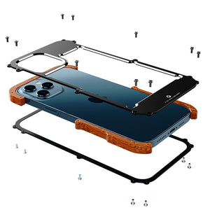 For iPhone 14 13 12 11 Pro Max 12 Mini SE 2020 X 10 6 6s 7 8 Plus XR XS Case Aluminum Bumper Metal &amp; Wood Shockproof Phone Case