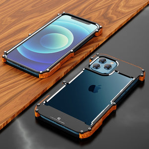 For iPhone 14 13 12 11 Pro Max 12 Mini SE 2020 X 10 6 6s 7 8 Plus XR XS Case Aluminum Bumper Metal &amp; Wood Shockproof Phone Case