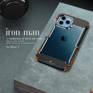 For iPhone 14 13 12 11 Pro Max 12 Mini SE 2020 X 10 6 6s 7 8 Plus XR XS Case Aluminum Bumper Metal &amp; Wood Shockproof Phone Case