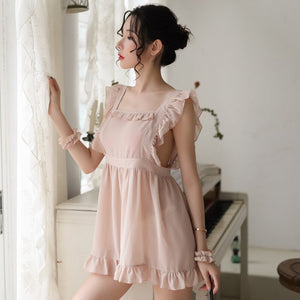 France Cute Girl Chiffon Sexy Underwear Sleepwear Temptation Maid Cosply Sexy Costumes Fun Nightdress with T Pants Maid Outfit