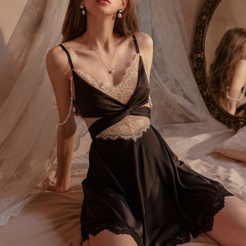Free Removal with Beads Sexy Sleepwear Women Summer New Temptation Lingerie Lace Cross Strap Nightdress Skin-friendly Multicolor