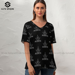 Freemason T-Shirt Ladies New Fashion Casual T Shirt V Neck Pattern Short-Sleeve Tee Shirt Plus Size