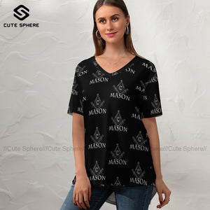 Freemason T-Shirt Ladies New Fashion Casual T Shirt V Neck Pattern Short-Sleeve Tee Shirt Plus Size