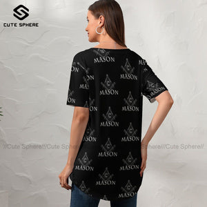 Freemason T-Shirt Ladies New Fashion Casual T Shirt V Neck Pattern Short-Sleeve Tee Shirt Plus Size