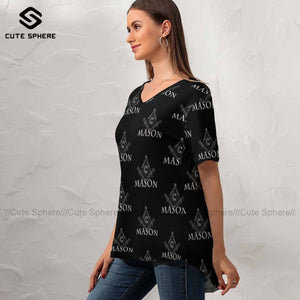 Freemason T-Shirt Ladies New Fashion Casual T Shirt V Neck Pattern Short-Sleeve Tee Shirt Plus Size