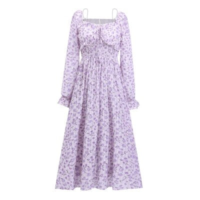 French Beaded Strapless Sexy Vestido Floral Feminina Purple Sweet Romantic Chiffon Print Fairy Dress Fall Dresses for women 2021