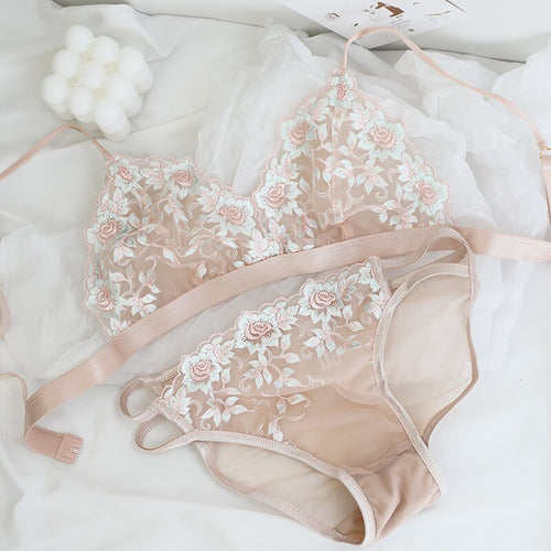 French Bralette Sexy Lingerie Set Embroidery Lace Underwear Ultra-thin Push Up Bra Triangle Cup Wirefree Women Bras Panties Sets