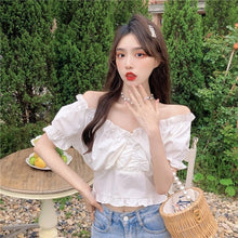 Load image into Gallery viewer, French Chic Wooden Ear Off-the-Neck Shirt Young Girl Fashion Blouse Sexy Sweet Dating White Top Korean Style Short Sleeve Tee