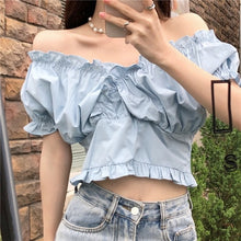 Load image into Gallery viewer, French Chic Wooden Ear Off-the-Neck Shirt Young Girl Fashion Blouse Sexy Sweet Dating White Top Korean Style Short Sleeve Tee