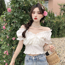 Load image into Gallery viewer, French Chic Wooden Ear Off-the-Neck Shirt Young Girl Fashion Blouse Sexy Sweet Dating White Top Korean Style Short Sleeve Tee