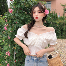 Load image into Gallery viewer, French Chic Wooden Ear Off-the-Neck Shirt Young Girl Fashion Blouse Sexy Sweet Dating White Top Korean Style Short Sleeve Tee