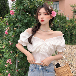 French Chic Wooden Ear Off-the-Neck Shirt Young Girl Fashion Blouse Sexy Sweet Dating White Top Korean Style Short Sleeve Tee