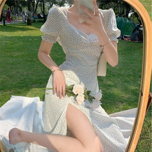 Load image into Gallery viewer, French Chiffon Dress Women Puff Sleeve Point Print Vintage Retro Dress Office Lady Casual Summer Elegant Split Dress Women 2020