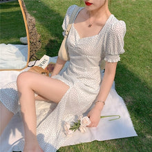 Load image into Gallery viewer, French Chiffon Dress Women Puff Sleeve Point Print Vintage Retro Dress Office Lady Casual Summer Elegant Split Dress Women 2020