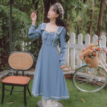 Load image into Gallery viewer, French Elegant Blue Dress Female Fall Robe Femme Lotus Leaf Stitching Retro Square Collar Dress Lady Bow Cute Party Dress Fairy