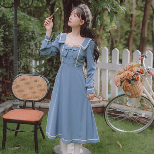 French Elegant Blue Dress Female Fall Robe Femme Lotus Leaf Stitching Retro Square Collar Dress Lady Bow Cute Party Dress Fairy