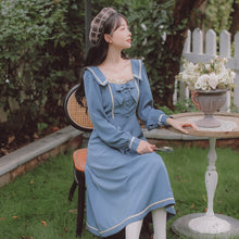 Load image into Gallery viewer, French Elegant Blue Dress Female Fall Robe Femme Lotus Leaf Stitching Retro Square Collar Dress Lady Bow Cute Party Dress Fairy