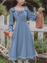 Load image into Gallery viewer, French Elegant Blue Dress Female Fall Robe Femme Lotus Leaf Stitching Retro Square Collar Dress Lady Bow Cute Party Dress Fairy