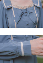 Load image into Gallery viewer, French Elegant Blue Dress Female Fall Robe Femme Lotus Leaf Stitching Retro Square Collar Dress Lady Bow Cute Party Dress Fairy