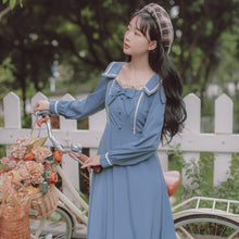 Load image into Gallery viewer, French Elegant Blue Dress Female Fall Robe Femme Lotus Leaf Stitching Retro Square Collar Dress Lady Bow Cute Party Dress Fairy