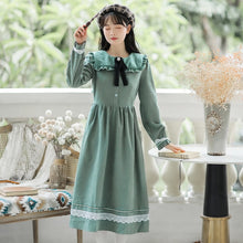Load image into Gallery viewer, French Elegant Dresses Cute Soft Female Mori Green Midi Dress mujer Fall Sweet Doll Neck Dress Halloween Costume Lovely Femme
