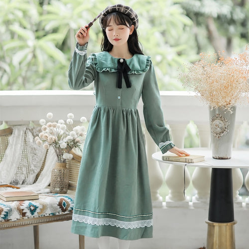 French Elegant Dresses Cute Soft Female Mori Green Midi Dress mujer Fall Sweet Doll Neck Dress Halloween Costume Lovely Femme