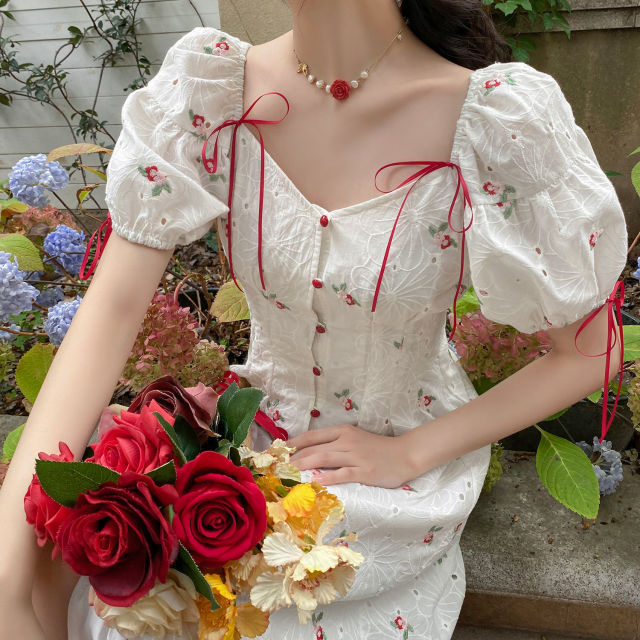 French Elegant Floral Dress Women Summer Casual V-Neck Sweet Split Midi Dress Korean 2021 Puff Sleeve Vintage Party Fairy Dress
