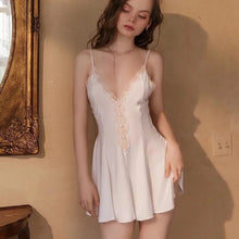 Load image into Gallery viewer, French Elegant Homewear Mini Skirts Silk Nightgown Women Satin A-line Sexy Sleepwear White Fairy Dresses Ladies Lace Nightwear