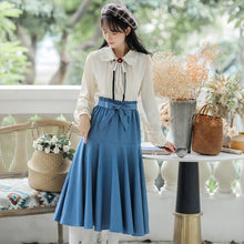 Load image into Gallery viewer, French Elegant Shirt Skirt Suit Fall Female Flowers Bow Chic Doll Collar Cute Blouse+Blue Bow Bandage Skirt 2 Piece Set Women