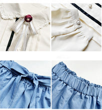 Load image into Gallery viewer, French Elegant Shirt Skirt Suit Fall Female Flowers Bow Chic Doll Collar Cute Blouse+Blue Bow Bandage Skirt 2 Piece Set Women