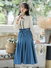 Load image into Gallery viewer, French Elegant Shirt Skirt Suit Fall Female Flowers Bow Chic Doll Collar Cute Blouse+Blue Bow Bandage Skirt 2 Piece Set Women