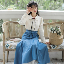 Load image into Gallery viewer, French Elegant Shirt Skirt Suit Fall Female Flowers Bow Chic Doll Collar Cute Blouse+Blue Bow Bandage Skirt 2 Piece Set Women
