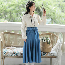 Load image into Gallery viewer, French Elegant Shirt Skirt Suit Fall Female Flowers Bow Chic Doll Collar Cute Blouse+Blue Bow Bandage Skirt 2 Piece Set Women