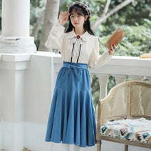 Load image into Gallery viewer, French Elegant Shirt Skirt Suit Fall Female Flowers Bow Chic Doll Collar Cute Blouse+Blue Bow Bandage Skirt 2 Piece Set Women
