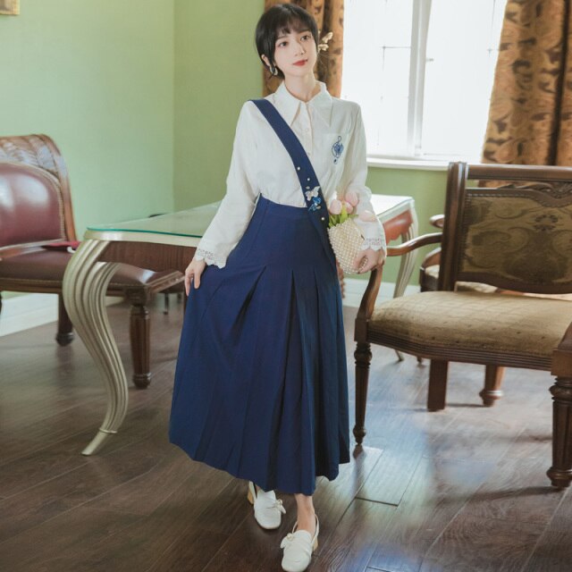 French Elegant Two Piece Set Women Lapel Embroidery White Lace Stitching Shirt+Pleated Skirt Female Casual Fashion OL Set Retro