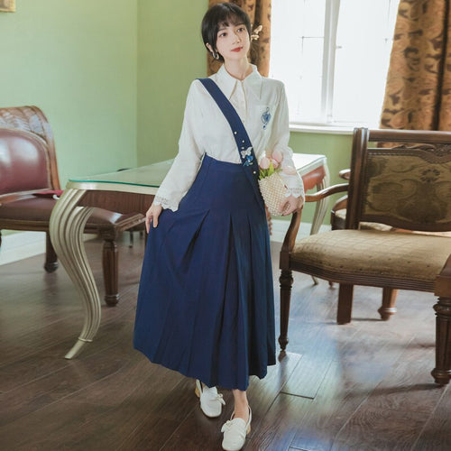 French Elegant Two Piece Set Women Lapel Embroidery White Lace Stitching Shirt+Pleated Skirt Female Casual Fashion OL Set Retro