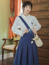 Load image into Gallery viewer, French Elegant Two Piece Set Women Lapel Embroidery White Lace Stitching Shirt+Pleated Skirt Female Casual Fashion OL Set Retro