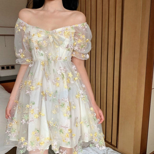 French Floral Dress Women Sexy Puff Sleeve Lace Chiffon Print Mini Dress Women Summer Korean Style Vintage Fairy Dress New 2020