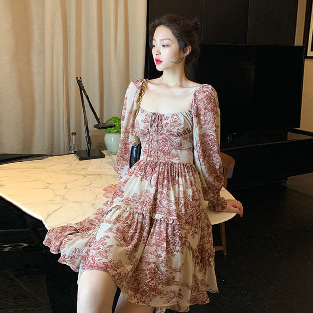 French Floral Sweet Dress Women Floral Print Elegant Puff Sleeve Chiffon Party Dress Outdoor Casual Dress Female Summer 2021